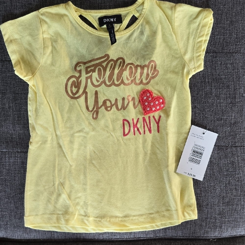DKNY Yellow Short Sleeve Tee with Heart Design